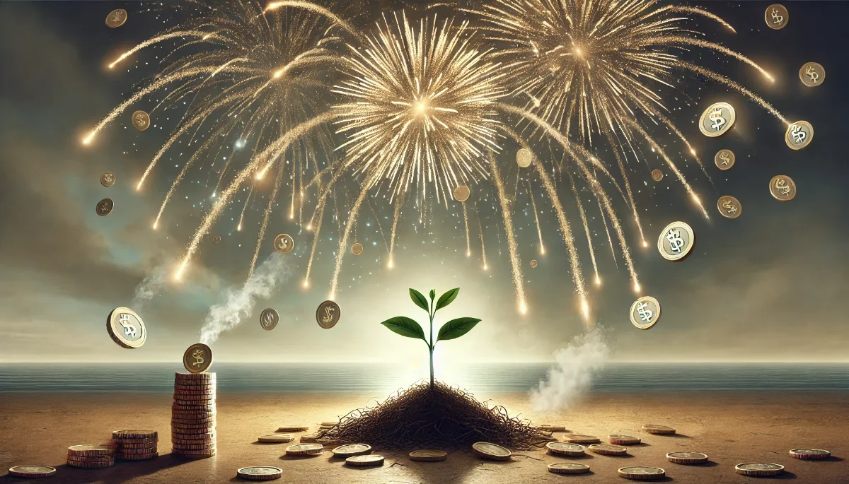 Vector illustration showing a small plant and fireworks powered by coins, depicting the contrast between SEO's organic growth and SEM's immediate visibility for small businesses.