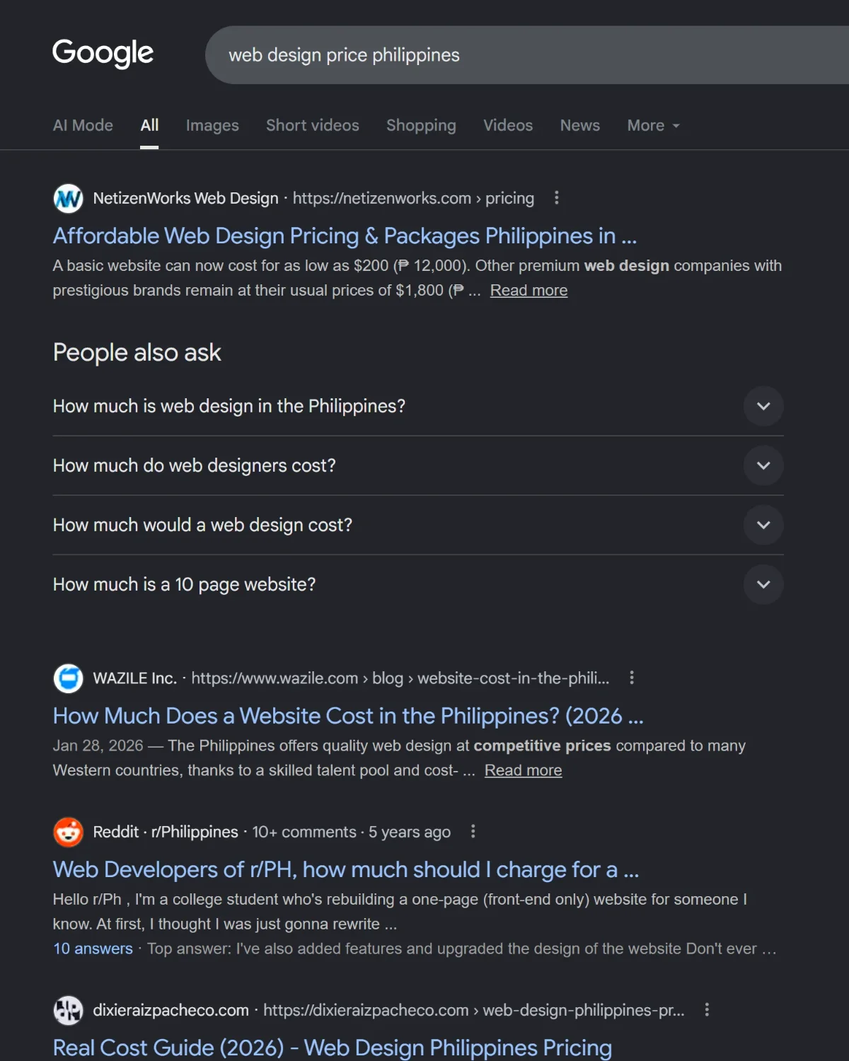 NetizenWorks ranks No.1 for "Web Design Price Philippines" in Google as of 2026