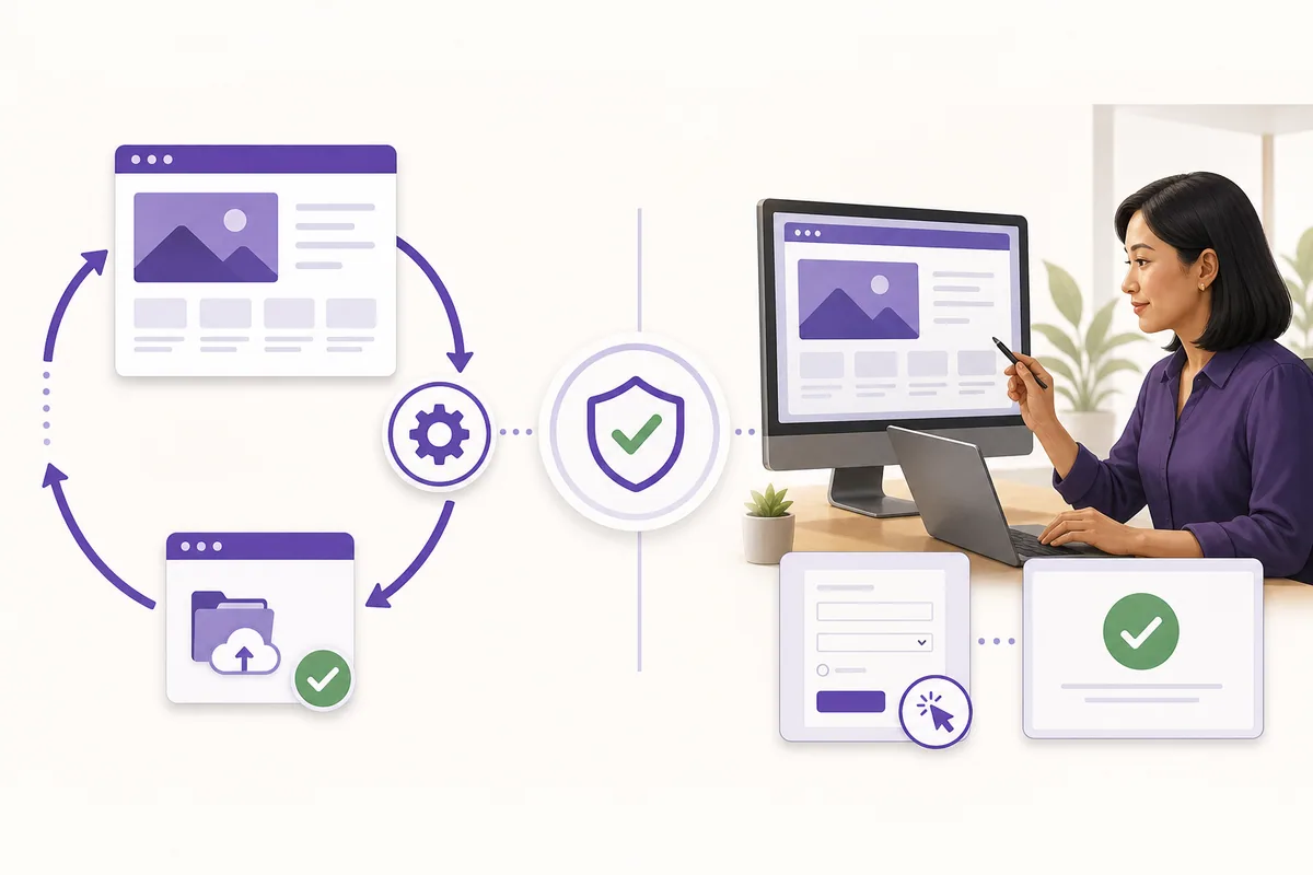 Diagram showing automatic website updates followed by human review and testing