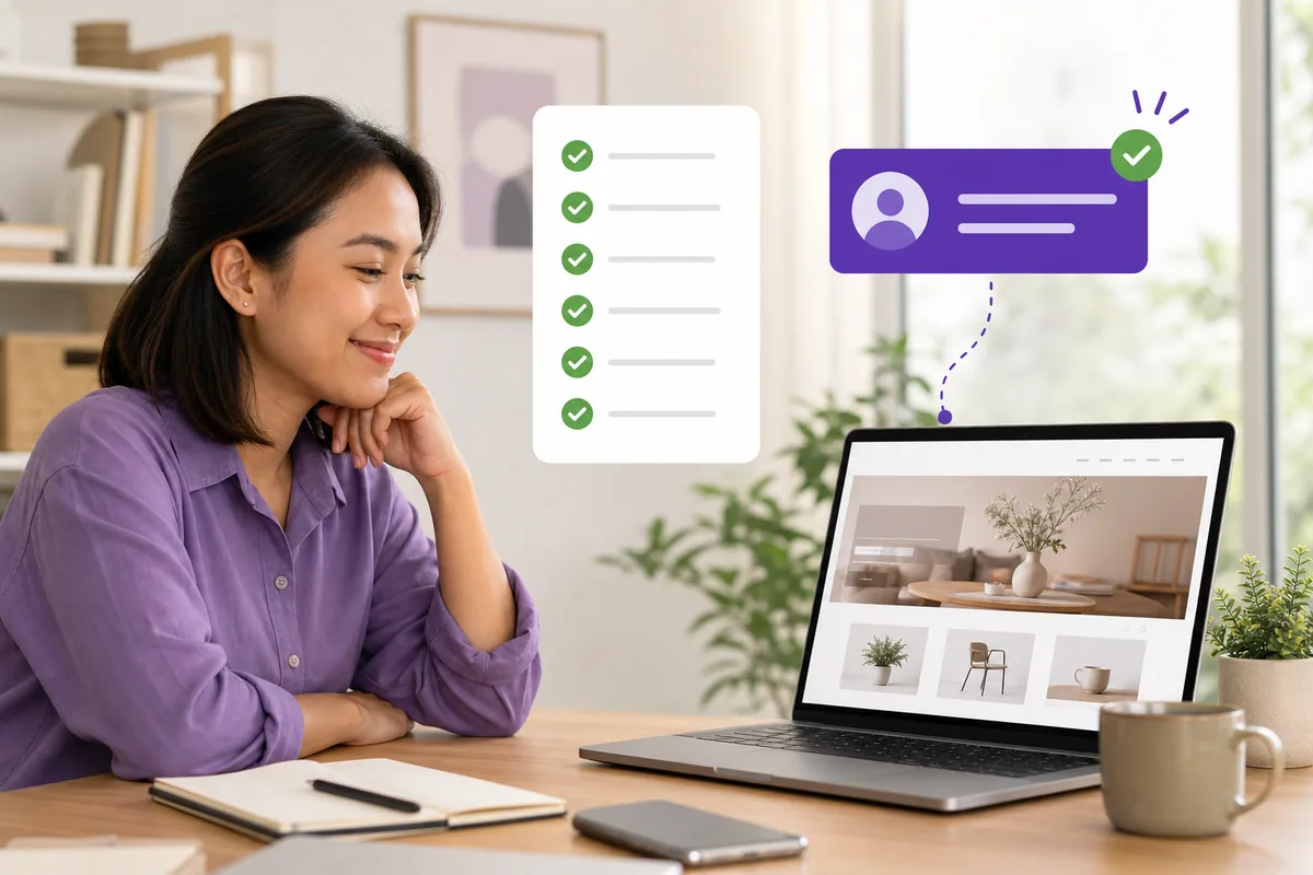 Completed monthly website maintenance checklist beside a working business website