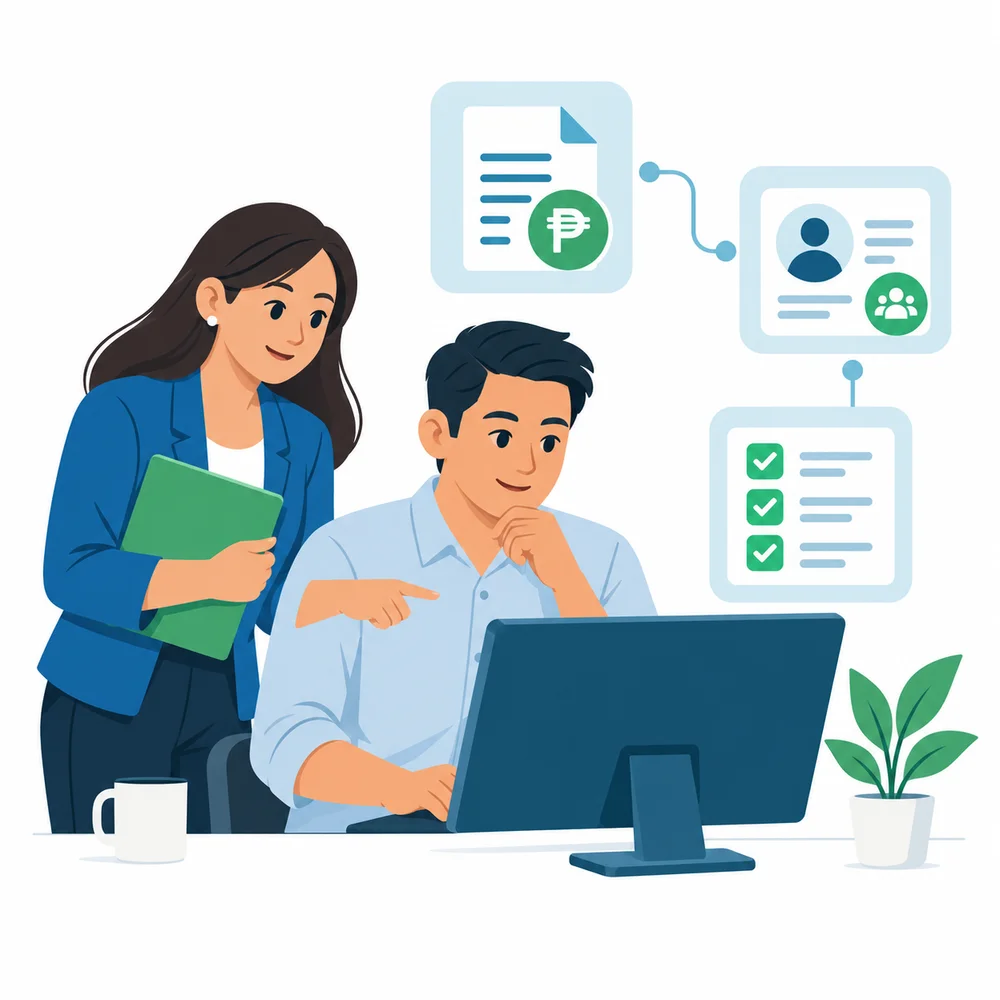 Illustration of a team reviewing connected billing, client and task records