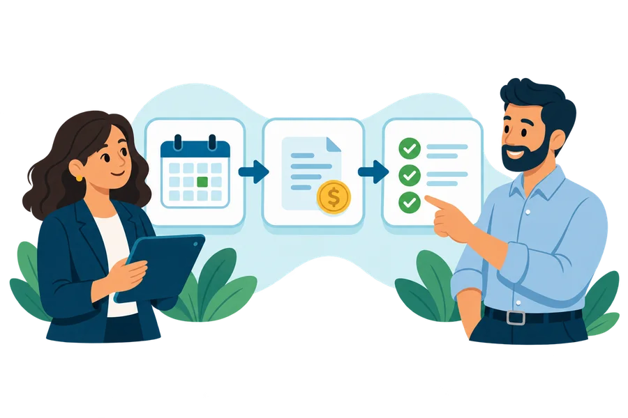 Illustration of colleagues choosing a business workflow to improve